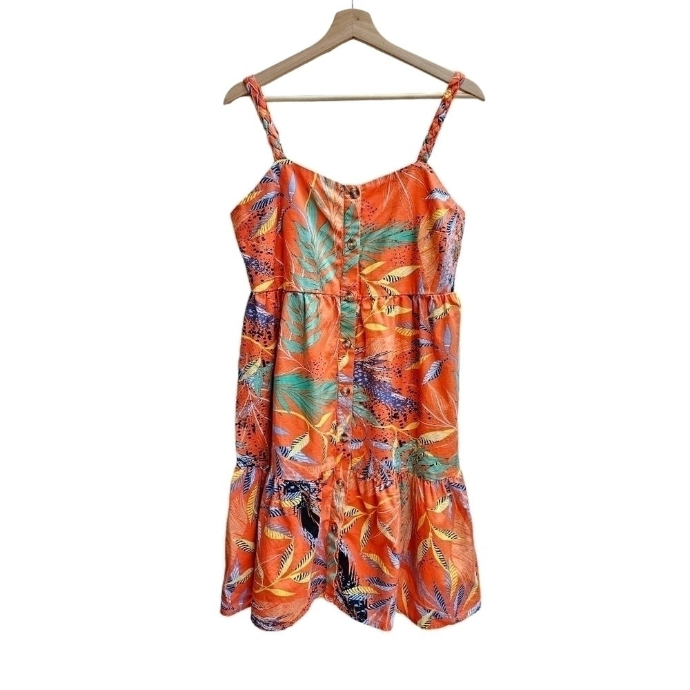 BeachLunchLounge Linen Blend Tropical Botanical Braided Strap Dress, Med